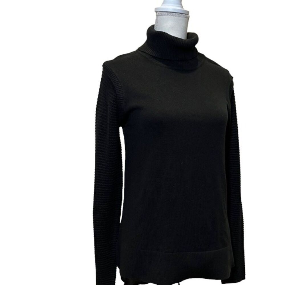Frank Lyman Turtleneck Sweater Chiffon Back Textured Sleeve Black Small